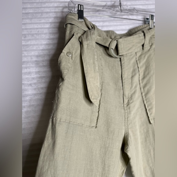 TAHARI 100% Linen khaki green pants womens L NWT belted high rise - Picture 7 of 14